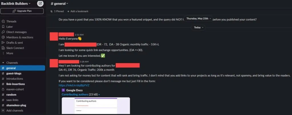 Backlink Builders SEO Slack channel