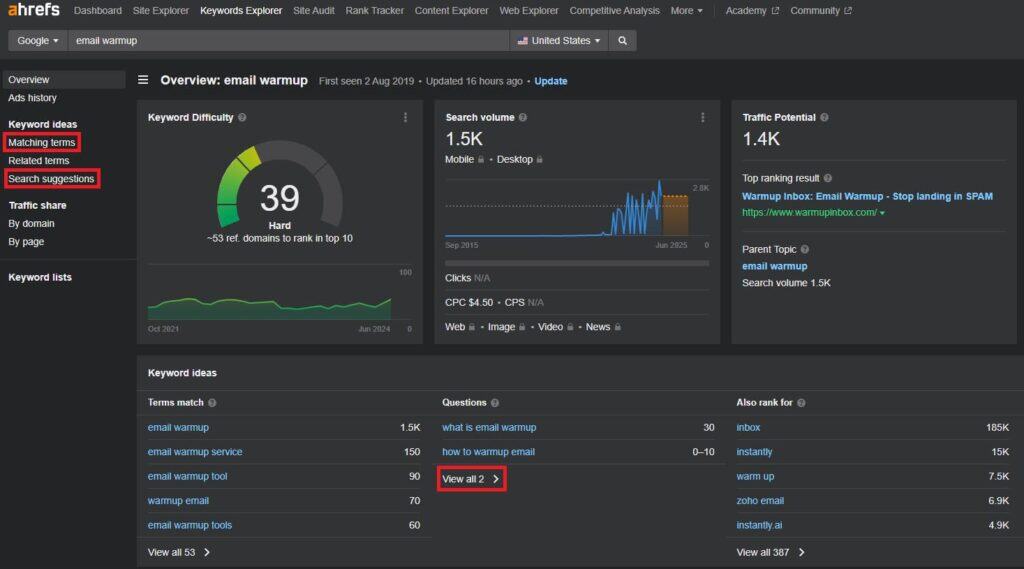 ahrefs keyword explorer screenshot
