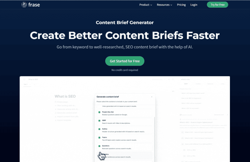 frase content brief generator page