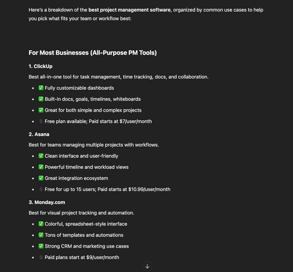 LLM SEO example - best project management software
