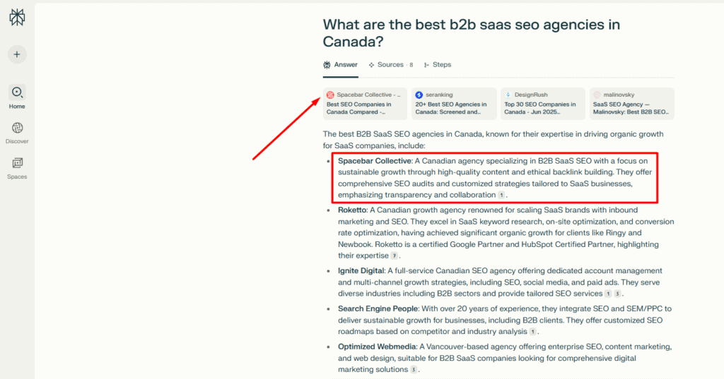 LLM SEO example - Perplexity
