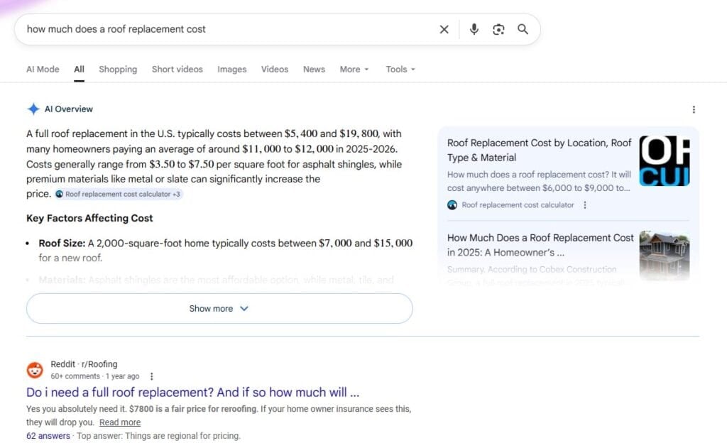 Google answering roof replacement cost questions before the user clicks a website