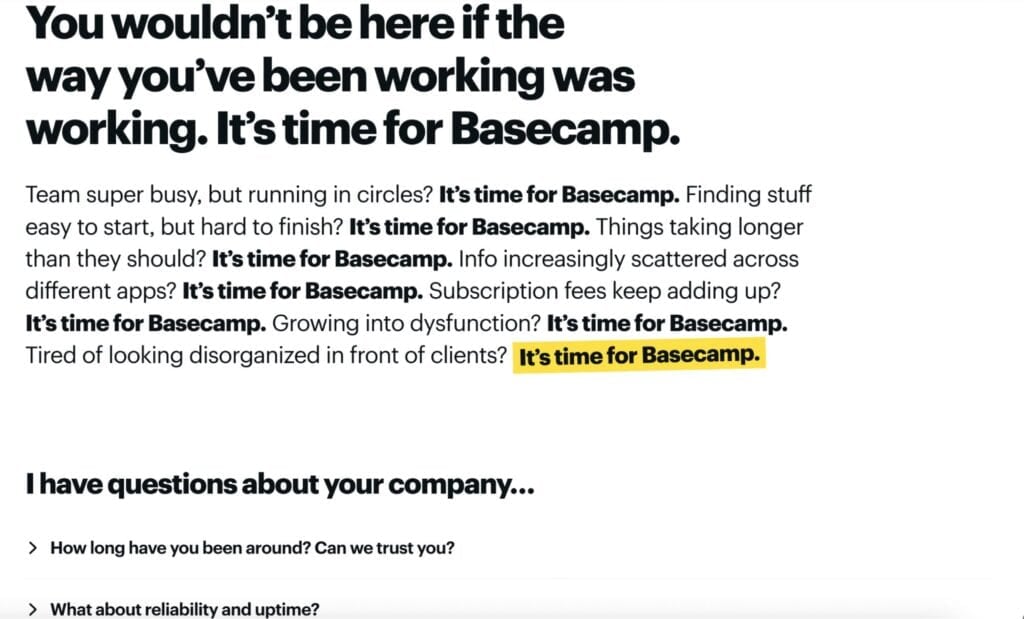 basecamp FAQ section example